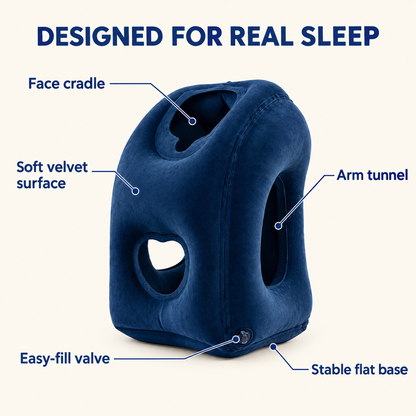 HushFlight pillow features: face cradle, arm tunnel, soft velvet, easy-fill valve, stable base