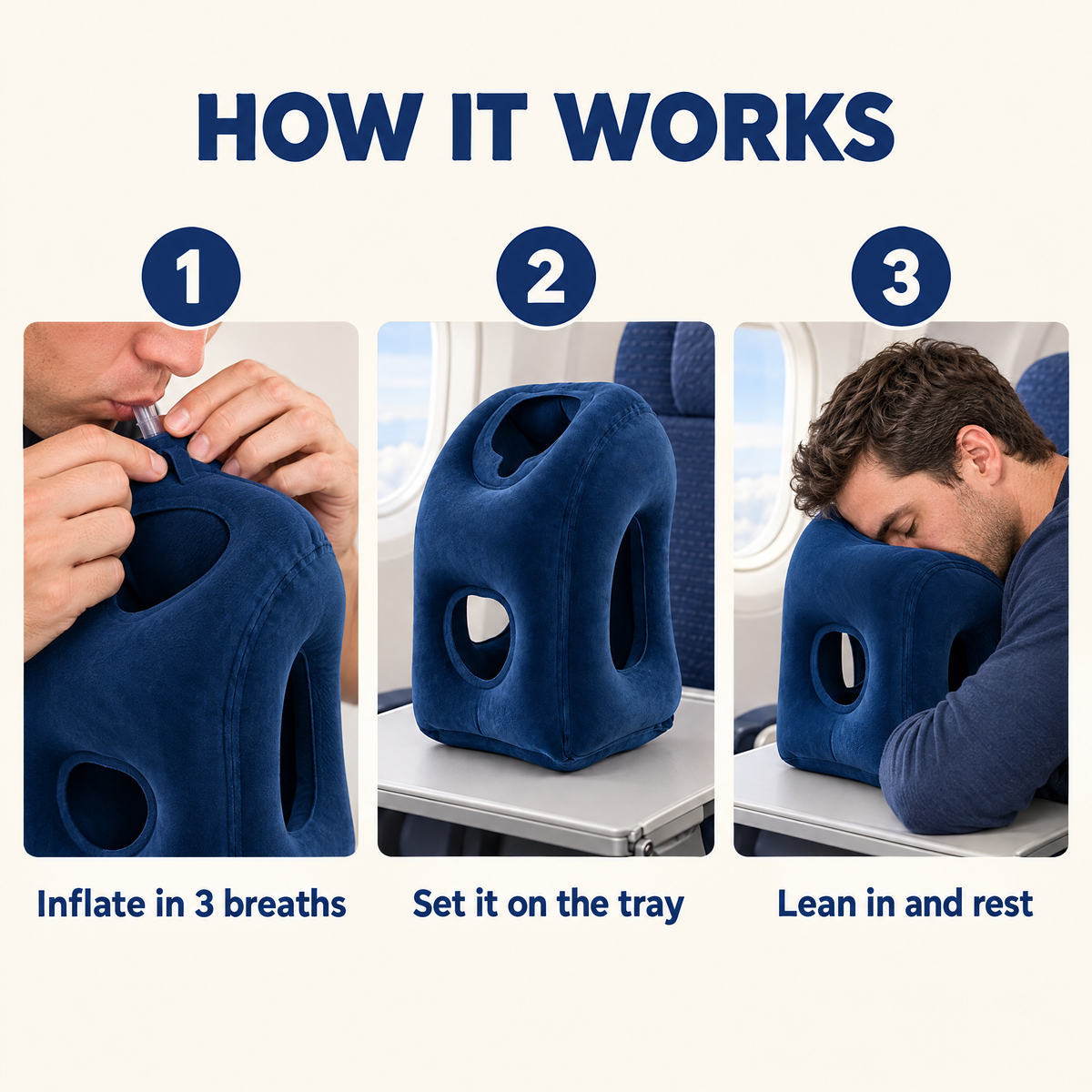 How it works: inflate in 3 breaths, set it on the tray, lean in and rest