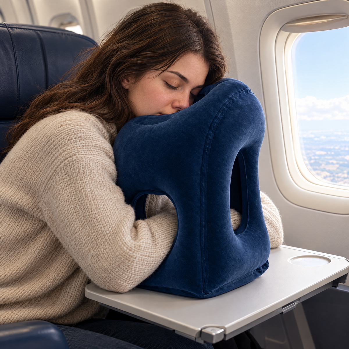Woman sleeping on the HushFlight pillow on an airplane tray table