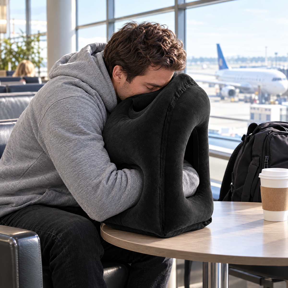 Man napping on the black HushFlight pillow in an airport lounge