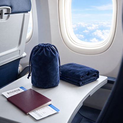 HushFlight pillow packed in its drawstring pouch on a tray table